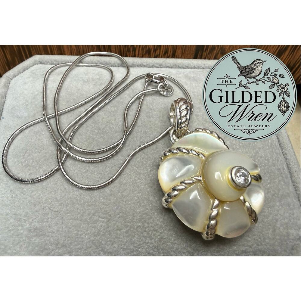 Judith Ripka 925 Mother of Pearl CZ Seashell Pendant 18in Snake Chain